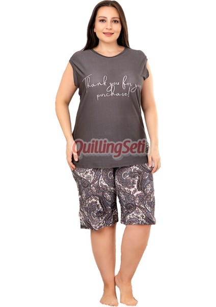 Rahat ve Şık Kadın Çiçek Desenli Füme Renk Büyük Beden Şortlu Anne Pijama Takımı - 10414 fırsatları