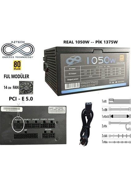 Atx 1050 1050W 14 cm Fan 80 Plus Copper Tam Modüler Psu