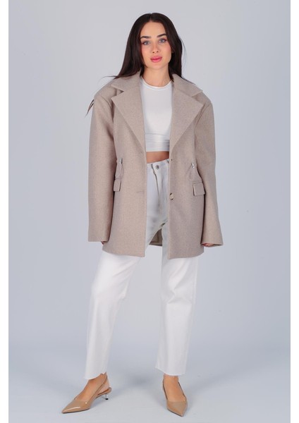 Kadın Vizon Beli Lastikli Sırt Düğme Detay Kaşe Blazer Ceket