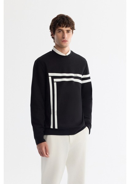 Erkek Siyah Bisiklet Yaka Pamuklu Baskılı Elastan Sweatshirt A42y1284