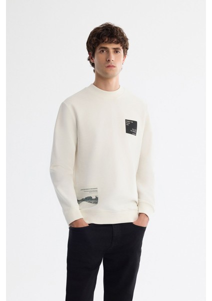 Erkek Ekru Bisiklet Yaka Pamuklu Baskılı Elastan Sweatshirt A42Y1251