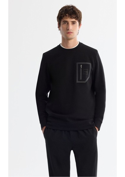 Erkek Siyah Bisiklet Yaka Pamuklu Baskılı Elastan Sweatshirt A42y1240