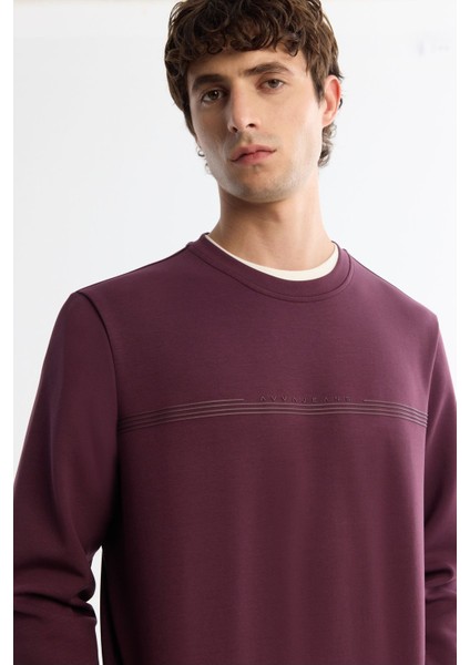 Erkek Bordo Bisiklet Yaka Pamuklu Baskılı Elastan Sweatshirt A42Y1267