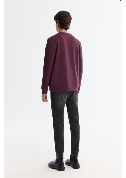 Erkek Bordo Bisiklet Yaka Pamuklu Baskılı Elastan Sweatshirt A42Y1267