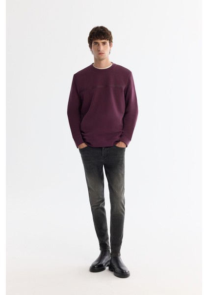 Erkek Bordo Bisiklet Yaka Pamuklu Baskılı Elastan Sweatshirt A42Y1267