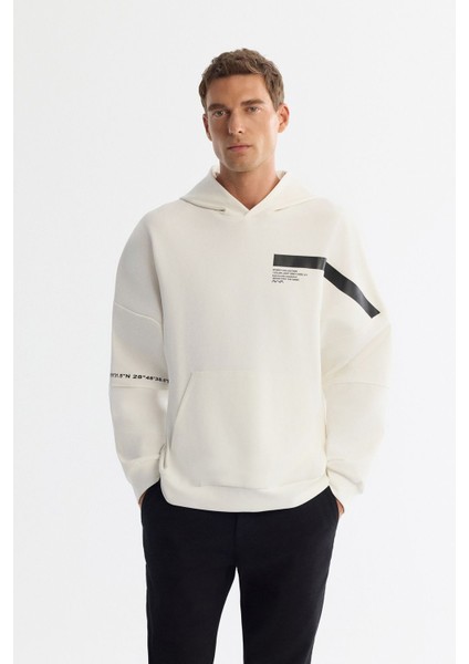 Erkek Ekru Kapüşonlu Pamuklu Baskılı Elastan Sweatshirt A42Y1289