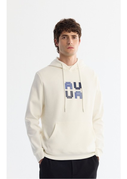 Erkek Ekru Kapüşonlu Pamuklu Baskılı Elastan Sweatshirt A42y1324