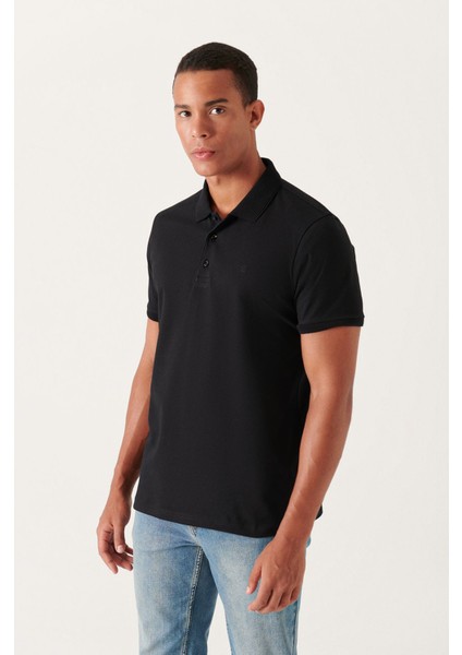 Erkek Siyah 3 Düğmeli %100 Mısır Pamuğu Polo Yaka T-Shirt B001027