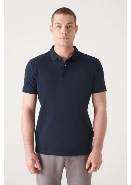 Erkek Lacivert 3 Düğmeli %100 Mısır Pamuğu Polo Yaka T-Shirt B001027