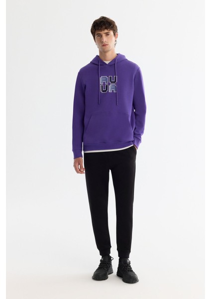 Erkek Mor Kapüşonlu Pamuklu Baskılı Elastan Sweatshirt A42Y1324