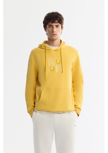 Erkek Sarı Kapüşonlu Pamuklu Baskılı Elastan Sweatshirt A42Y1324