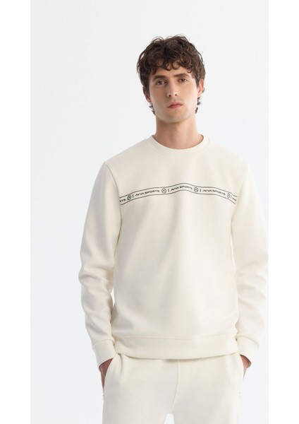 Erkek Ekru Bisiklet Yaka Pamuklu Baskılı Elastan Sweatshirt A42y1308