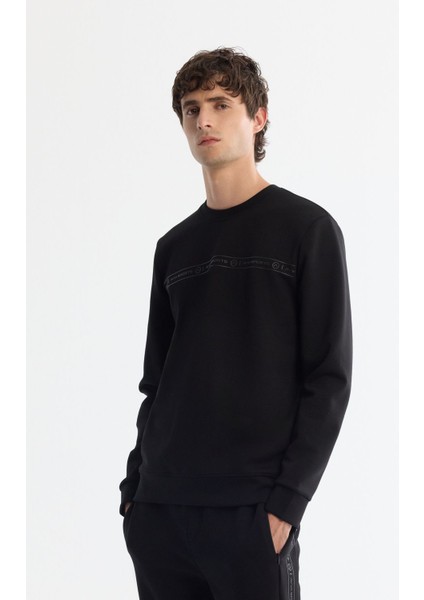 Erkek Siyah Bisiklet Yaka Baskılı Elastan Sweatshirt A42Y1308