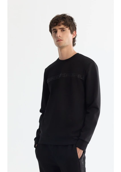 Erkek Siyah Bisiklet Yaka Baskılı Elastan Sweatshirt A42Y1308