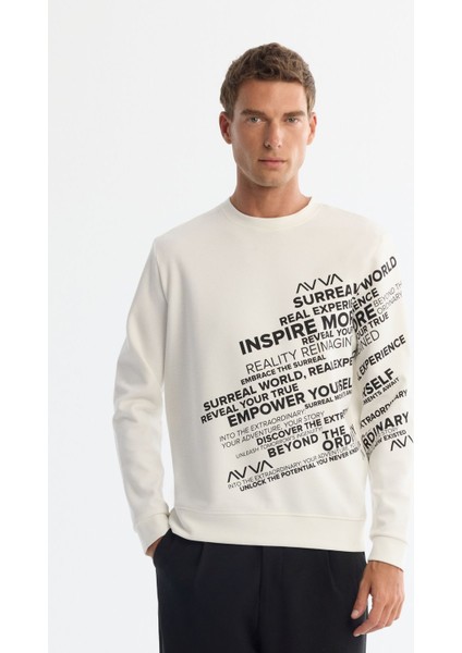 Erkek Ekru Bisiklet Yaka Pamuklu Baskılı Sweatshirt A42y1285