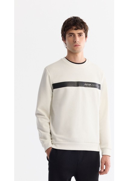 Erkek Ekru Bisiklet Yaka Pamuklu Baskılı Elastan Sweatshirt A42Y1260