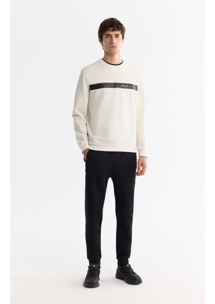 Erkek Ekru Bisiklet Yaka Pamuklu Baskılı Elastan Sweatshirt A42Y1260