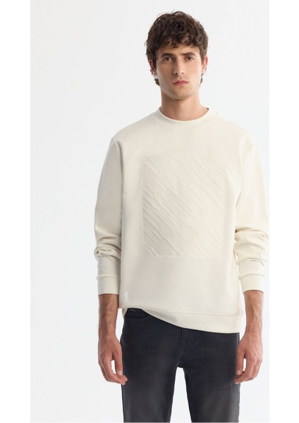 Erkek Ekru Bisiklet Yaka Pamuklu Baskılı Elastan Sweatshirt A42y1243