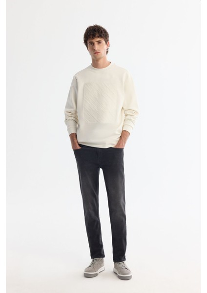 Erkek Ekru Bisiklet Yaka Pamuklu Baskılı Elastan Sweatshirt A42y1243