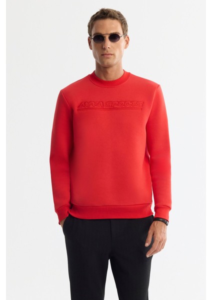 Erkek Kırmızı Bisiklet Yaka 3 Iplik Şardonlu Baskılı Sweatshirt A42y1306