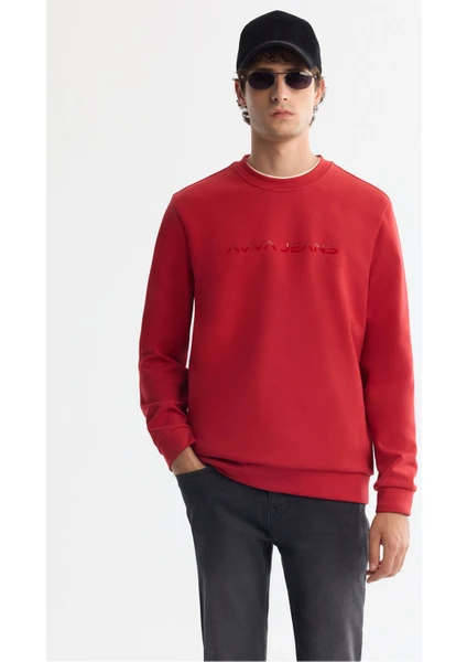 Erkek Kırmızı Bisiklet Yaka Pamuklu Baskılı Elastan Sweatshirt A42Y1221