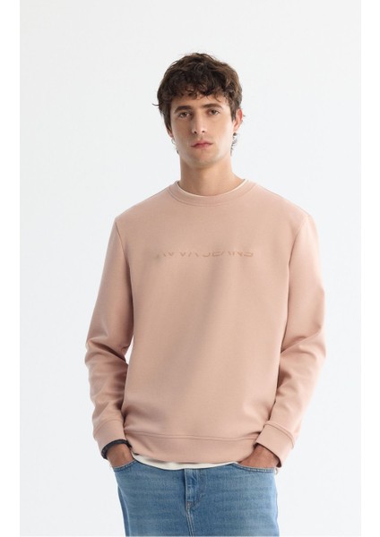 Erkek Pembe Bisiklet Yaka Pamuklu Baskılı Elastan Sweatshirt A42Y1221