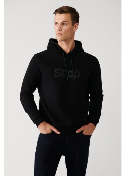 Erkek Siyah Kapüşonlu 3 Iplik Şardonlu Sweatshirt A32y1295