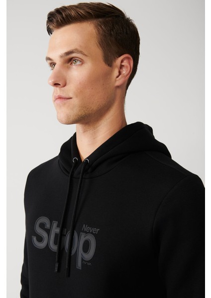 Erkek Siyah Kapüşonlu 3 Iplik Şardonlu Sweatshirt A32y1295