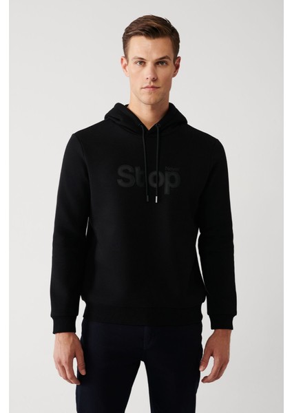 Erkek Siyah Kapüşonlu 3 Iplik Şardonlu Sweatshirt A32y1295