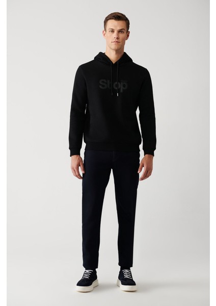 Erkek Siyah Kapüşonlu 3 Iplik Şardonlu Sweatshirt A32y1295