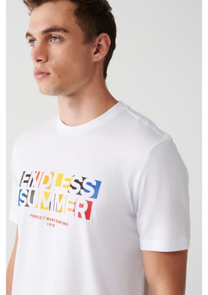 Erkek Beyaz Ultrasoft Bisiklet Yaka Baskılı T-Shirt A31Y1045