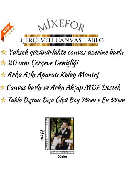 Atatürk Tablo Kanvas Baskı Tablo - Çerçeveli Portre Atatürk Tablo Ölçü 55CM x 75CM