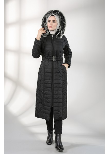 Kapüşonlu Kapitone Kaban 0813-01 Siyah