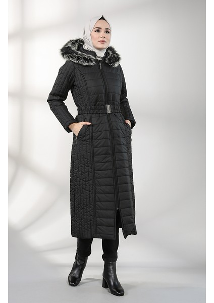 Kapüşonlu Kapitone Kaban 0813-01 Siyah