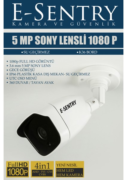 Kamera 5mp Sony Lens 1080P Full Hd Gece Görüşlü Su Geçirmez Güvenlik Kamerası