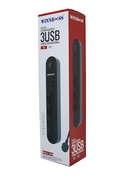 Termal Akım Korumalı 4lü Priz 3xusb 2mt Anahtarlı Uzatma Kablo Siyah 10A - 2500W (4764)
