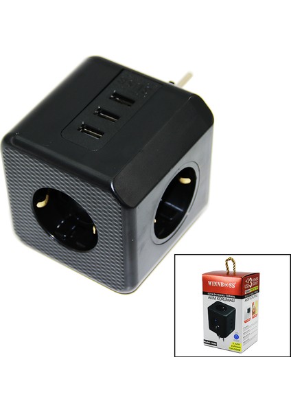 Termal Akım Korumalı 3x Priz 3x USB Duvar Tipi Priz Siyah 10A - 2500W (4764)