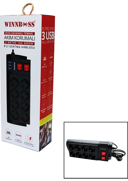 Termal Akım Korumalı 16A 8'li Priz 3 x Usb 2 mt Anahtarlı Uzatma Kablo Siyah (4764)