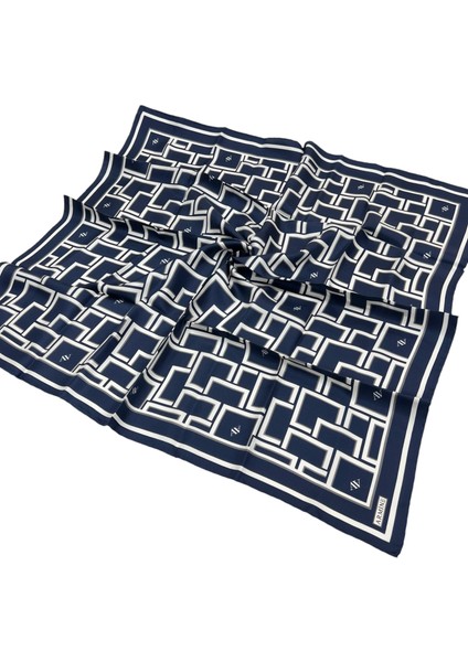 İpek Eşarp 2024 Yaz - 9132-88 Lacivert Krem Twill