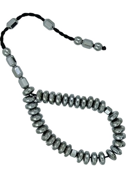 2 Parmak Basık Model Gümüş Renk Hematit Taşı Minik Tesbih 6 x 3 mm