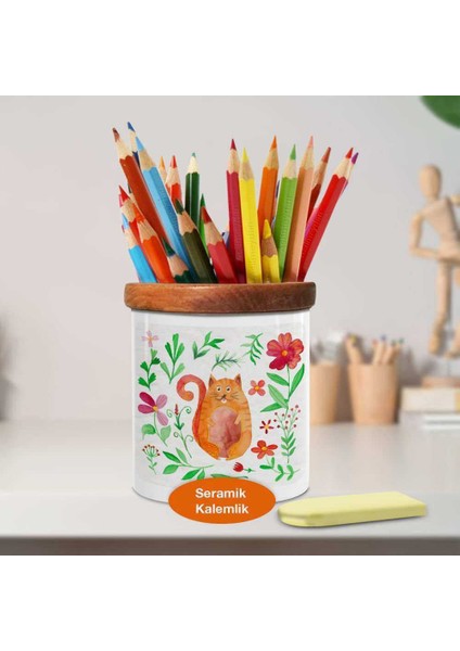 Çiçekli Şişko Kedi Ahşap Seramik Kalemlik - 2147545454 fiyatları