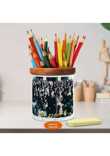 Baş Öğretmen Mustafa Kemal Atatürk Ahşap Seramik KALEMLIK-857