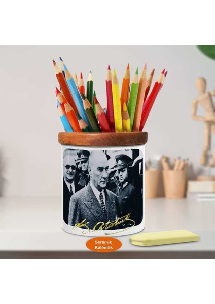 Önder Mustafa Kemal Atatürk Ahşap Seramik KALEMLIK-S412 fiyatları