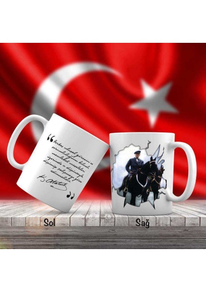 Asil Hediyelik Çift Yön Renkli At Üzerinde Mustafa Kemal Atatürk ve Unutulmayan Sözleri -Kupa Bardak