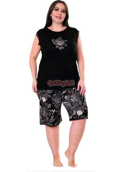 Rahat ve Şık Kadın Çiçekli Desen Siyah Renk Büyük Beden Şortlu Anne Pijama Takımı 10404