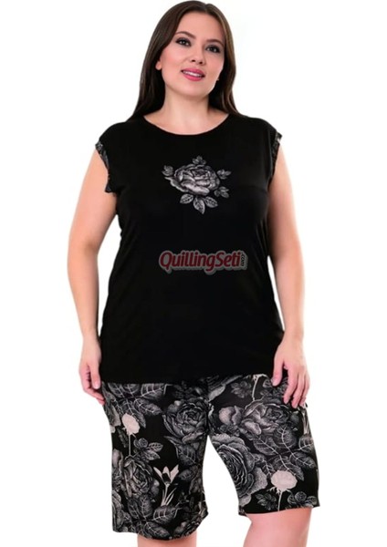 Rahat ve Şık Kadın Çiçekli Desen Siyah Renk Büyük Beden Şortlu Anne Pijama Takımı 10404 modelleri