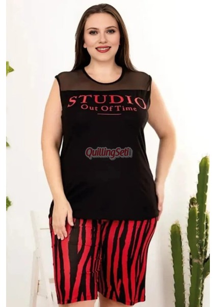 Rahat ve Şık Kadın Çizgili Desen Siyah Renk Büyük Beden Şortlu Anne Pijama Takımı - 10405 modelleri