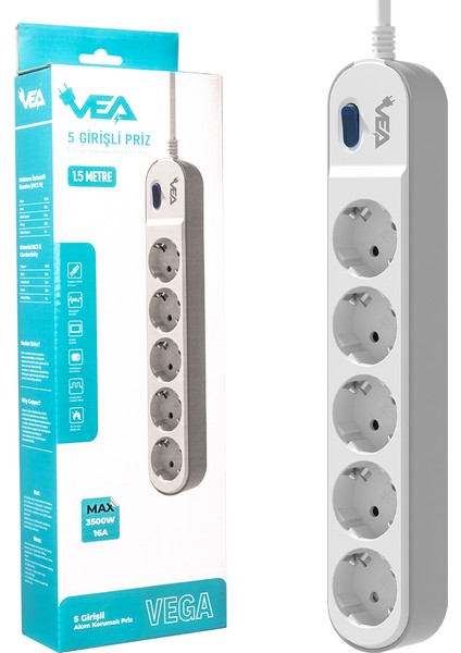 Vea Ve-Vega105 A Class 5'li Anahtarlı 1.5 Metre Akım Korumalı Grup Priz - DSR9670-2873