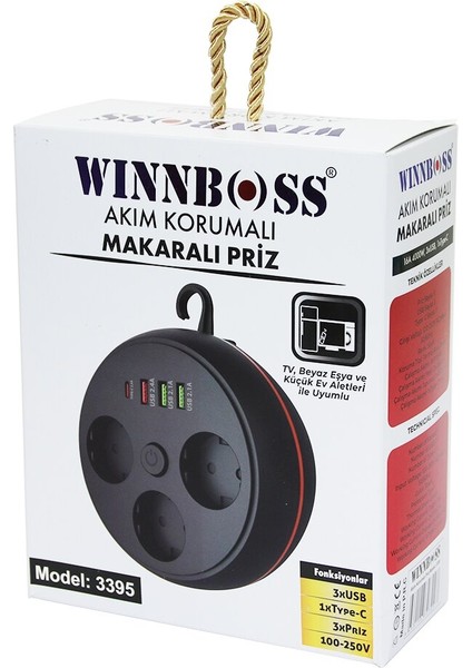 Winnboss Siyah Termal Akım Korumalı Makaralı 3 x Priz 3 x Usb (1 x Type-C Priz (4767) - DSR2759-5289
