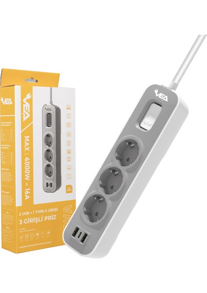 Vea Ve-Nova103U A Class 3'lü 2 Usbli Anahtarlı 1.5 Metre Akım Korumalı Grup Priz (Made - DSR3033-1267